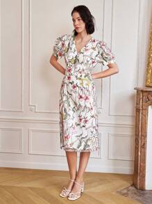 SHEIN Frenchy 女式v領印花泡泡袖時尚分裂連衣裙