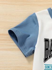 Young Boy's Soft Comfortable Breathable Basketball-Inspired Colorblock Tee With Slogan Pattern And Letter Printed Denim Athletic Shorts, Suitable For Casual, Daily Wear, Vacation Or Outdoors - Multicolor - View 5