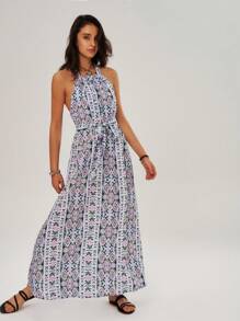 Bohemela Vacation Geometric Printed Halter Neck Women's Dress - Green - View 3