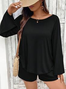 SHEIN LUNE 大尺碼純色喇叭袖上衣和短褲套裝 - 黑色 - 查看 6