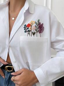 EURMUSE Flower Embroidery Casual Long Sleeve Oversized Drop Shoulder Blouse - White - View 5