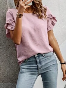 EMERY ROSE 素色荷葉邊花瓣袖襯衫 - 藕粉色 - 查看 4