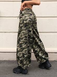 SHEIN EZwear Women's Woven Camouflage Print Long Pants - Army Green - View 6