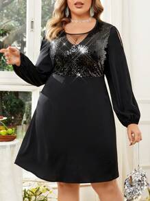 Celure Plus Size Sequin Mesh Contrast Lantern Sleeve Dress Fall Cloth For Women