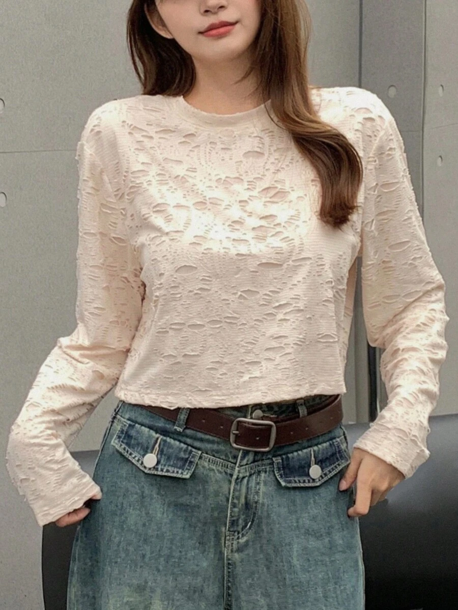 DAZY Của phụ nữ Vòng cổ Tay áo dài Đau khổ Áo thun - Màu be - Xem 1