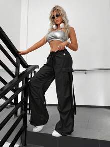 Street Vibes 90s Flap Pocket Drawstring Hem Cargo Parachute Trousers - Black - View 4