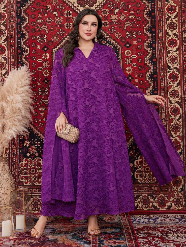 Plus-Size V-Neck Floral Jacquard Dress With Long Slit Sleeves Kaftan Jalabiya Dress