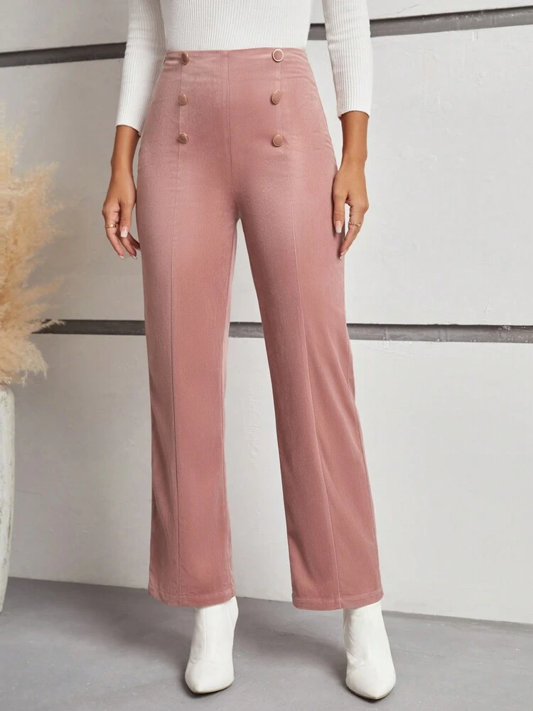 Women's Double-Breasted Button Flared Pants Winter Elegant Pink