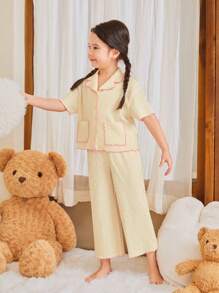SHEIN Young Girl Colorblock Edge Detail Short Sleeve Button-Up Shirt & Wide Leg Pants Homewear Set With Pockets - Apricot - View 3