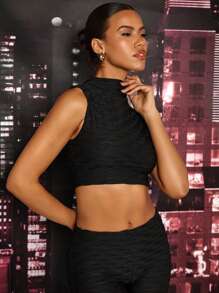 SHEIN BAE Conjunto de dos piezas tejido de punto Jacquard de color sólido, Top ajustado de tanque y pantalones acampanados de cintura elástica en negro para primavera y verano, perfecto para cualquier salida casual y de moda. - Negro - Ver 6