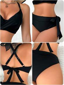 Swim DD+ 女士純色交叉細節比基尼游泳衣套裝 - 黑色 - 查看 7
