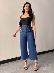 SHEIN Privé Women's Flip Pocket Jeans - Medium Wash - View 7