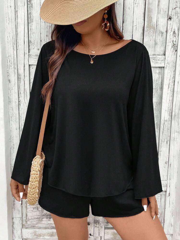 Plus Size Solid Color Flare Sleeve Top And Shorts Two-Piece Set
