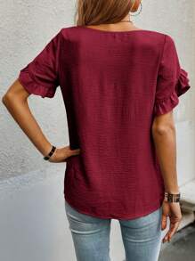 EMERY ROSE Effen blouse met ruches en bloemblaadjesmouwen, tops met korte mouwen