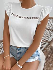 SHEIN VCAY 圓領寬鬆t恤,配以荷葉邊設計 - 白色 - 查看 1