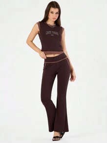 Forever 21 Women's Letter Printed Round Neck Mesh Top And Flared Trousers Set - Brown - View 4