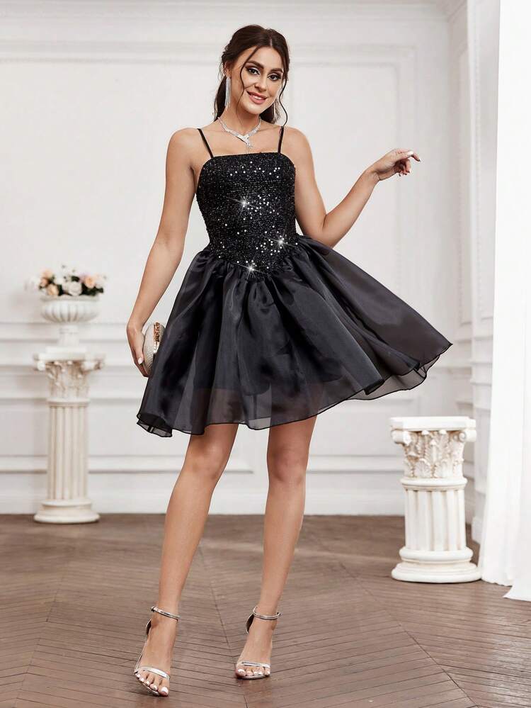 Sequin Panel Spaghetti Strap Cocktail Dress, Semi Formal Dress