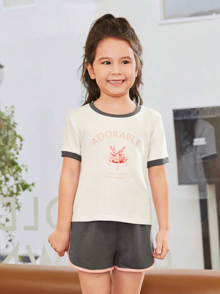 Young Girls Loose Casual Round Neck Color Block Patchwork T-Shirt And Shorts Two Pieces Set