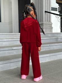 SHEIN 幼兒女孩天鵝絨拉鍊連帽夾克和褲子套裝 - 紅色 - 查看 2