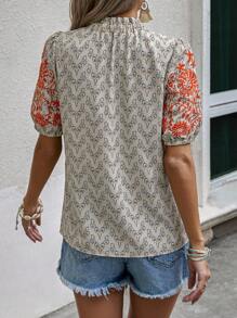 SHEIN Holidaya 波西米亞褶皺邊花卉印花女士襯衫 - 杏色 - 查看 2