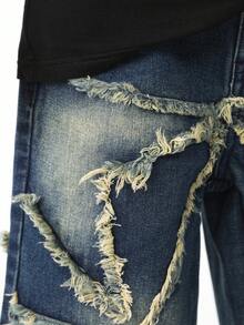 Tween Boy Street Style Laser Embroidery Retro Denim Shorts - Dark Wash - View 5