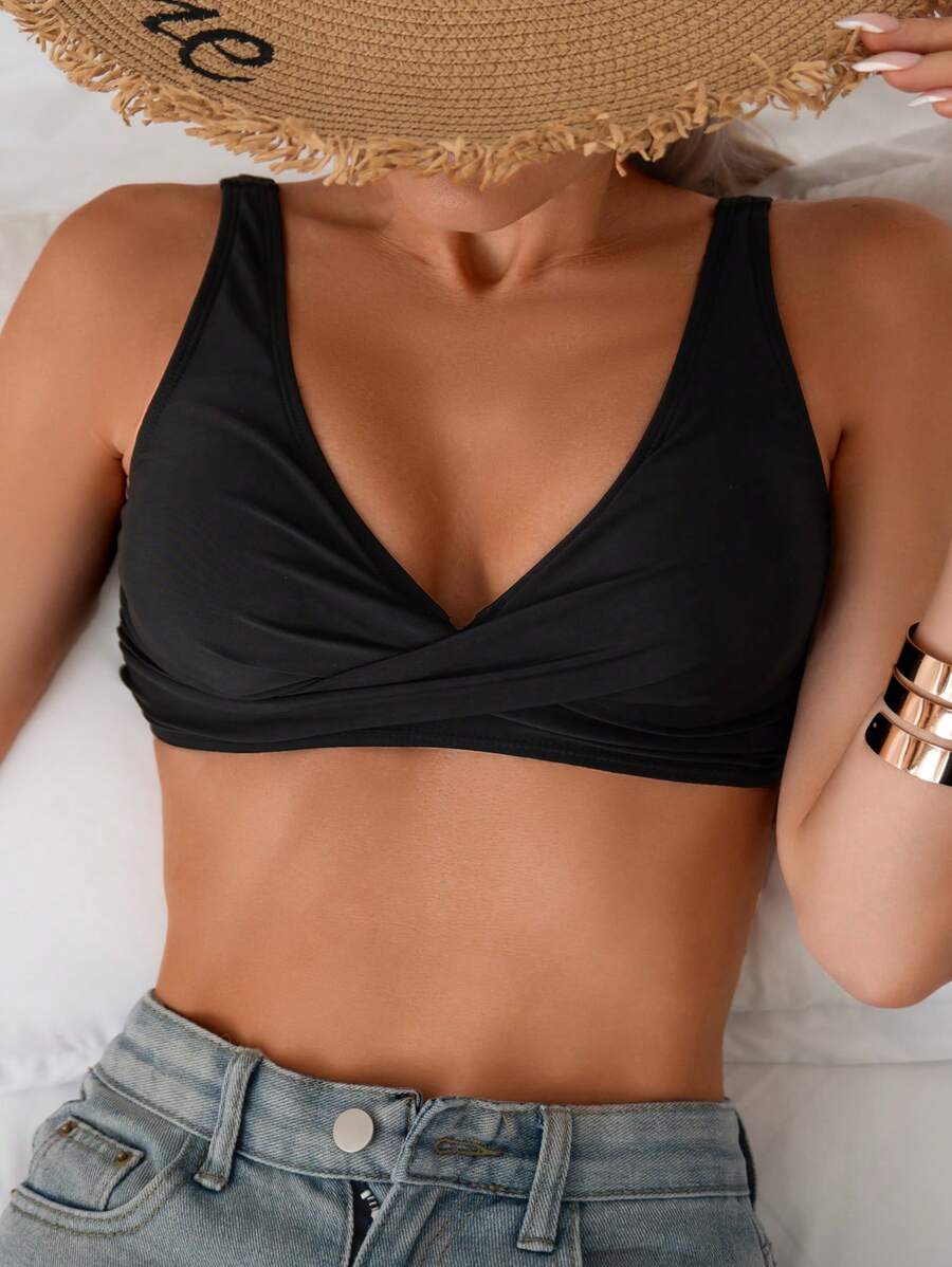 SHEIN Swim Ladies' Summer Beach Solid Color Cross Tie Back Bikini Top - Black - View 1
