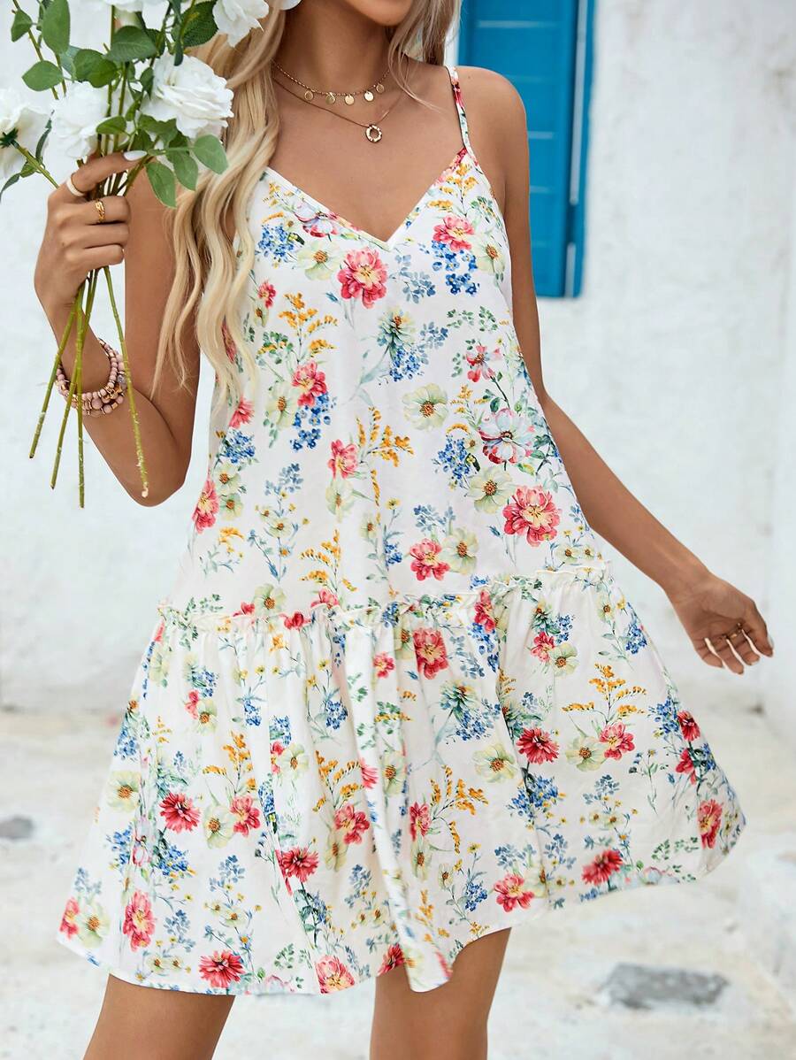 SHEIN VCAY 花卉印花度假風格女士吊帶長裙