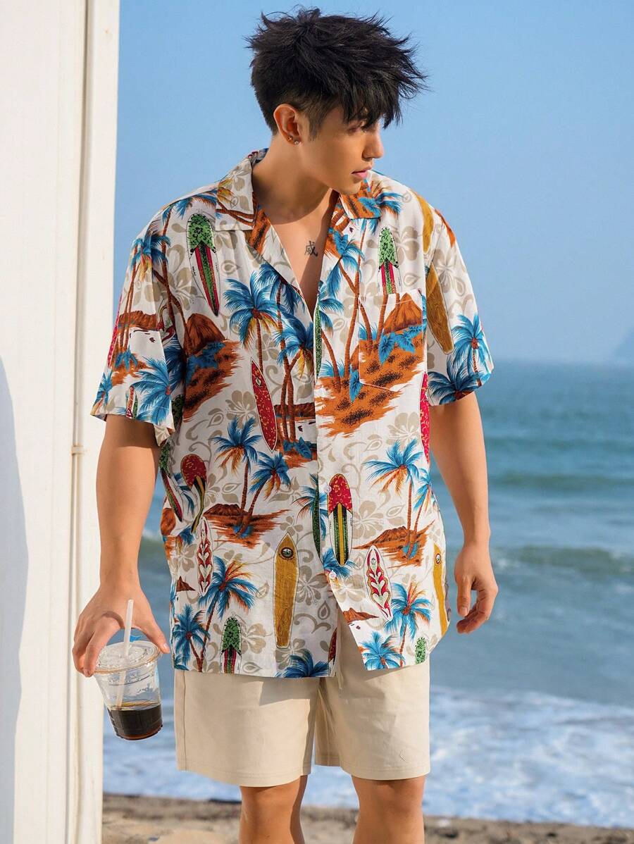 DAZY Men's Palm Tree Print Summer Beach Hawaiian Shirt SHEIN USA