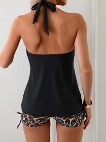 SHEIN Swim Summer Beach Solid Color Halter Neck Top And Leopard Print Swim Shorts Tankini Set - Multicolor - View 2