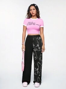 SHEIN Qutie 撞色印花休闲黑色长裤 - 黑色 - 查看 2