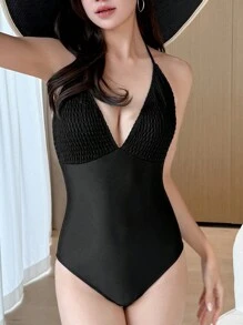 DAZY 女士起皺露背連體泳衣 - 黑色 - 查看 4