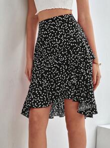 SHEIN Frenchy 女士心形印花不對稱裙擺裙 - 黑色 - 查看 3