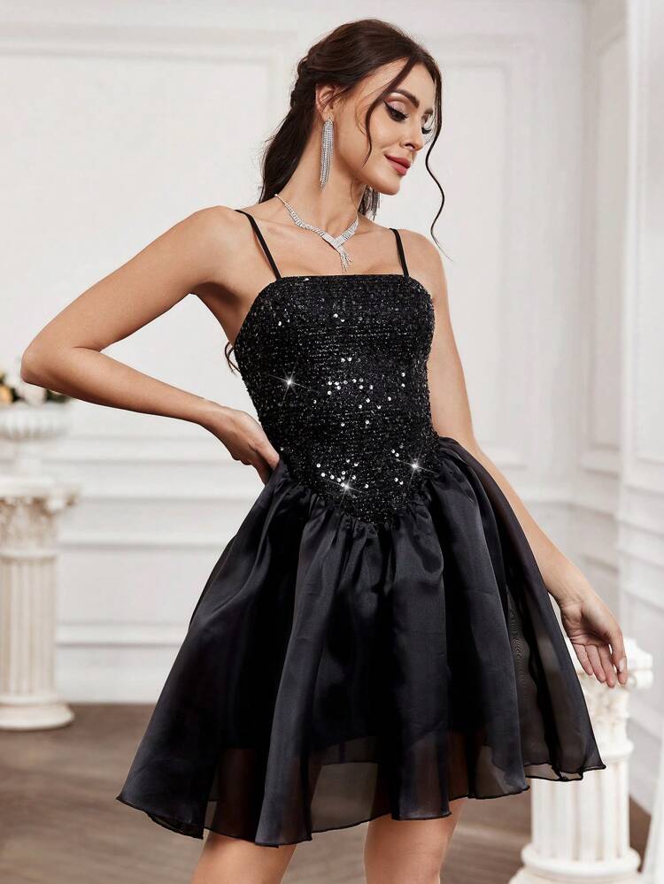 Sequin Panel Spaghetti Strap Cocktail Dress, Semi Formal Dress