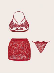 Women'S Red Embroidered Sexy Lingerie Three-Piece Set (Valentine'S Day)