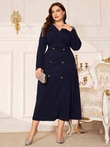 Modelyn Plus Size Women's Double Breasted Long Sleeve Modest Dress - Blue - View 3