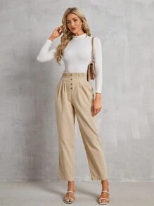 SHEIN Frenchy 女士內衣摺褶休閒褲 - 卡其色 - 查看 3