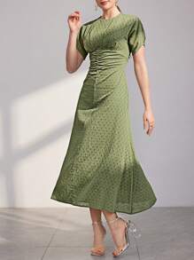 Modelyn Ladies' Solid Color Texture Pleated Waist Dress