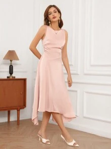 GENKIRA Vestido Sem Mangas De Gola Redonda De Cor Sólida - Rosa Empoeirado - Ver 3