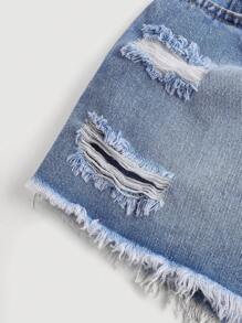 SHEIN Girlism Falda short de mezclilla de cintura alta estilo bohemio rasgada para niñas preadolescentes para primavera y verano, atuendos para vacaciones de verano - Azul lavado medio - Ver 3