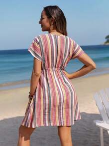 SHEIN 孕妇条纹 V 领蝙蝠袖连衣裙 - 彩色 - 查看 2