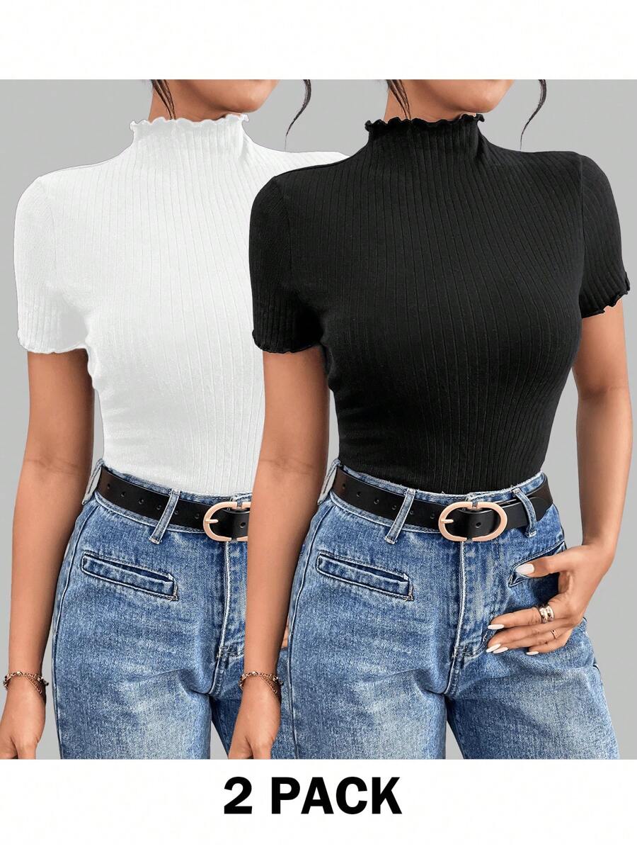 SHEIN Essnce Women's Summer Casual Basic All-Match Half High Collar Wave Edge Ribbed 2 Packs T-Shirt,2 Packs - Black and White - View 1