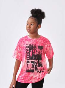 SHEIN Camiseta De Manga Corta Con Hombro Caído, Informal Deportiva Para Niñas Preadolescentes Con Estampado De Letras Tie Dye, Para El Verano
