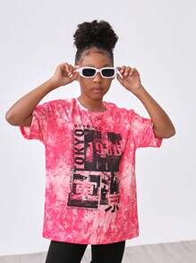 SHEIN Camiseta De Manga Corta Con Hombro Caído, Informal Deportiva Para Niñas Preadolescentes Con Estampado De Letras Tie Dye, Para El Verano