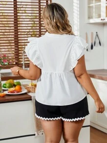 Flirla Áo tay lỡ thêu viền bèo nhún hai lớp cỡ lớn - trắng - Xem 2