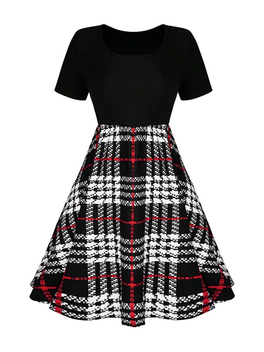 SHEIN Clasi 大尺碼女式方領短袖千鳥格緊身連身裙 - 黑色 - 查看 1