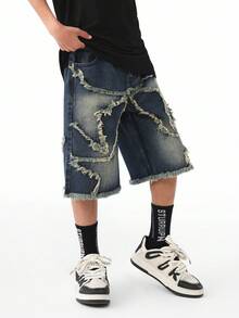 Tween Boy Street Style Laser Embroidery Retro Denim Shorts - Dark Wash - View 3