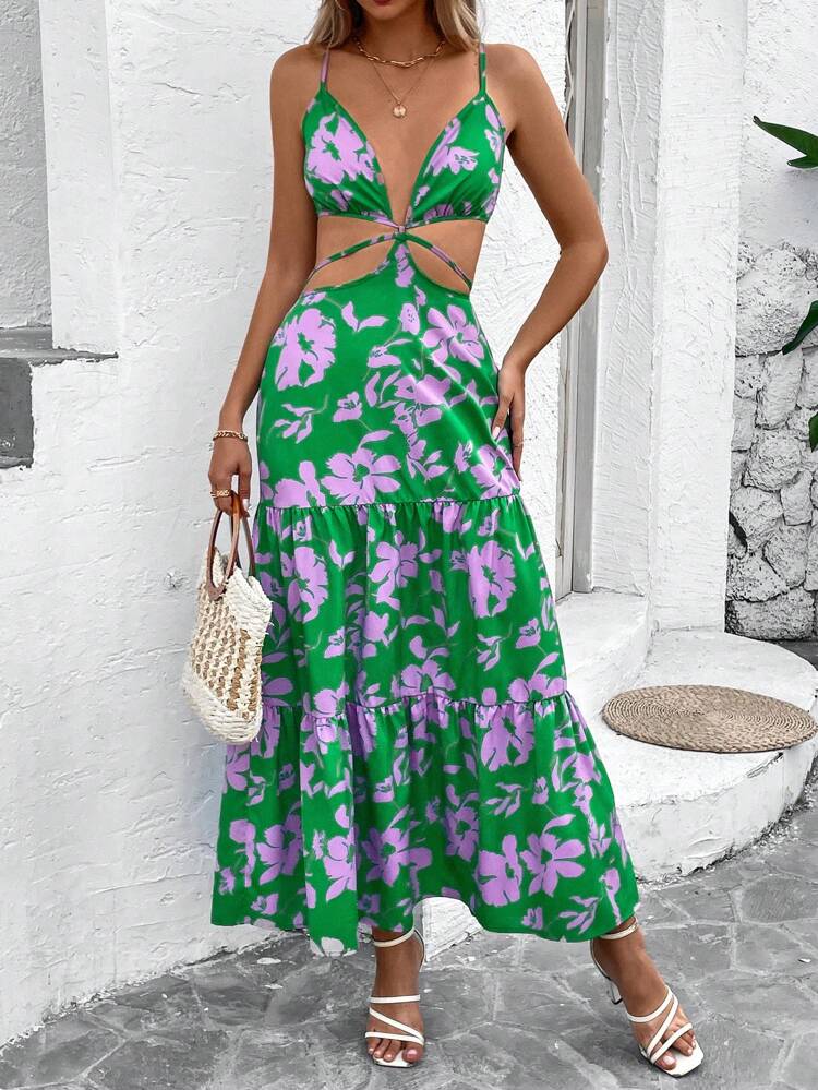 Women's Floral Print Hollow Out Waist Dress