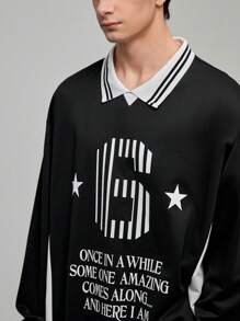 Manfinity Campus Court Aesthetic Post--Men's Long Sleeve Oversized Polo Shirt With Slogan And Number Print - Black and White - View 5