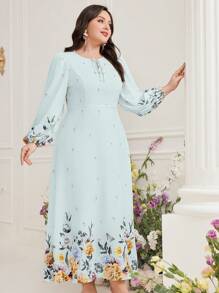 Mulvari Plus Size Floral Print Lantern Sleeve Dress