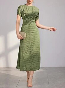 Modelyn Ladies' Solid Color Texture Pleated Waist Dress